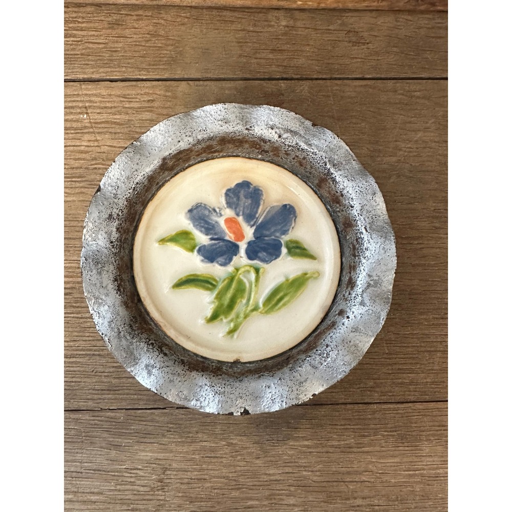 Vintage Hand Painted Ceramic Trinket Dish with fluted metal rim and feet